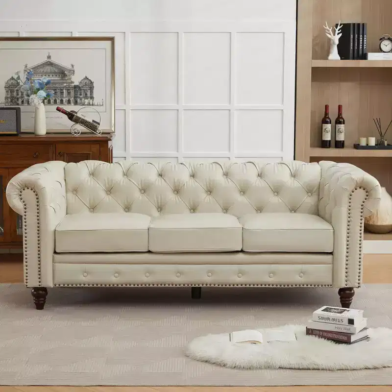 HYLEORY 84 Leather Chesterfield Sofas for Living Room, Rolled Arm 3-Seater Large Couch Deep Button Nailhead Tufted Couches for Office Apartment