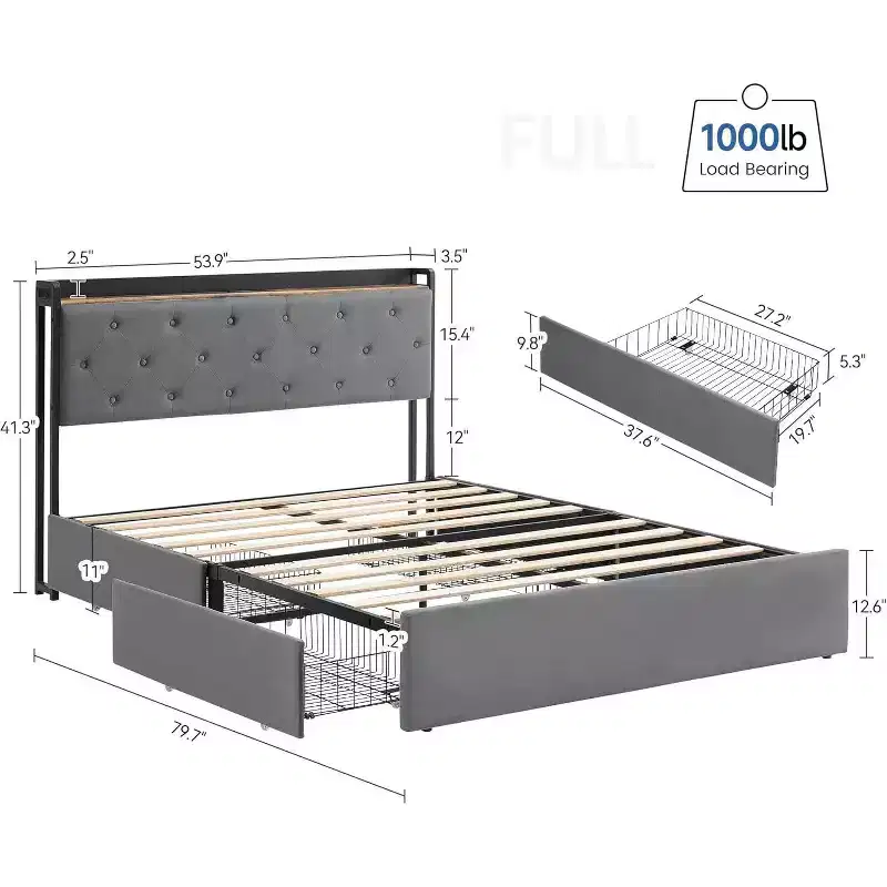 Full Size Bed Frame with Charging Station, 4 Storage Drawers, Gray Velvet Upholstered, No Box Spring Needed, Strong Wooden Slats