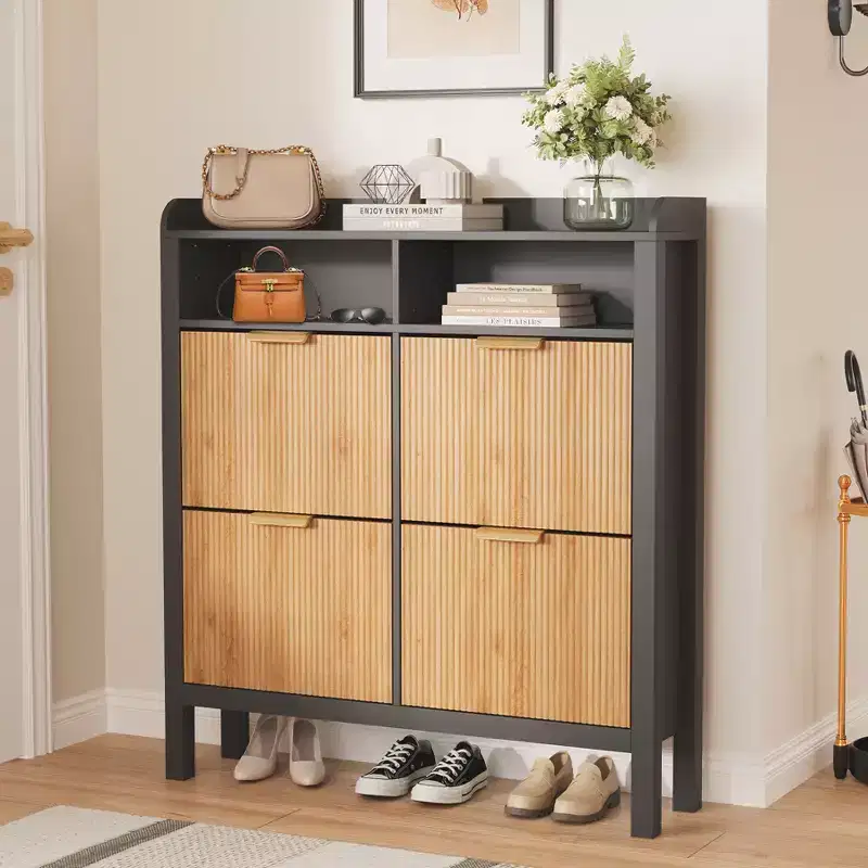 4-Drawer Flip-Top Shoe Cabinet - Vacuum-formed MDF with wave design, dual-compartment storage, ideal for balconies and storage rooms