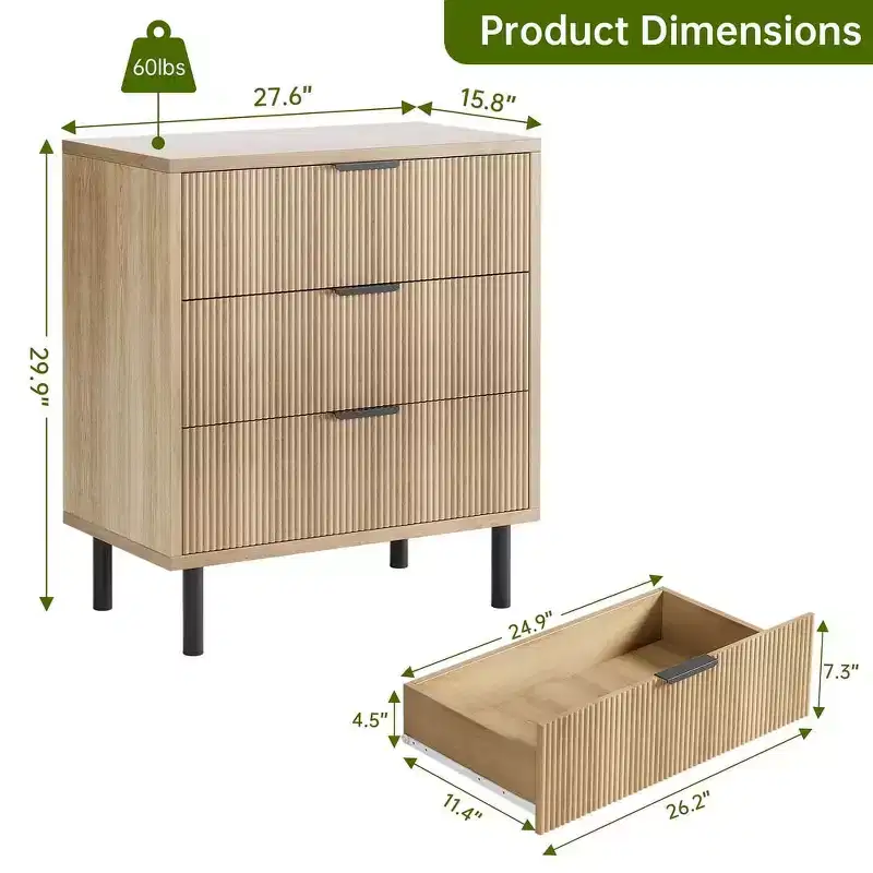 Modern Fluted 3/5/6 Drawer Dresser with Metal Legs, Wood Chest of Drawers Storage Cabinet, Nightstand Organizer for Bedroom, Entryway, Hallway