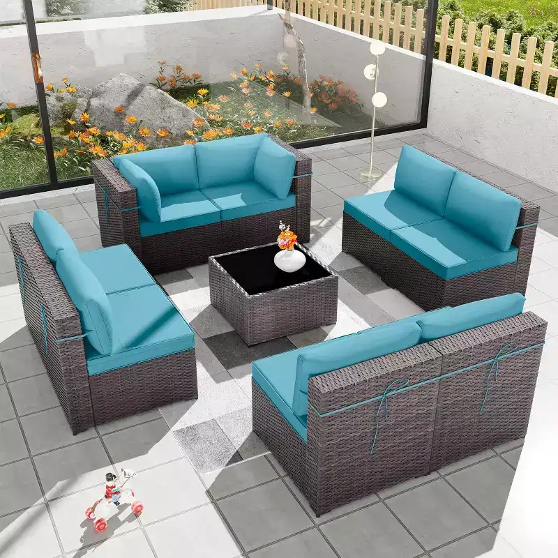 ALAULM 9 Pieces Patio Furniture Set, Rattan Wicker Outdoor Conversation Sets, Outdoor Furniture Sofa Set