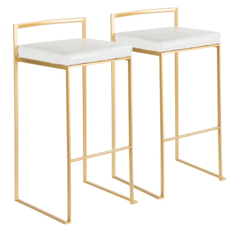 Stackable Bar Stool Set of 2, Gold Metal Frame with Padded Seat, 250 lbs Capacity, 34