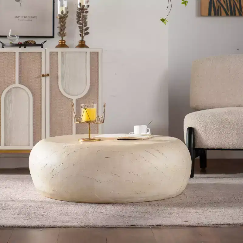 Round MgO Coffee Table with Faux Stone Design for Mid-Century Living Rooms