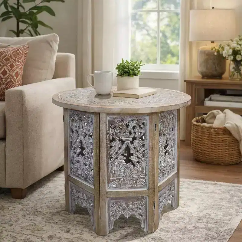 Royal Hampton 24 Inch Accent Side Table with Mango Wood Round Top and Floral Cut-Out Carved Motifs