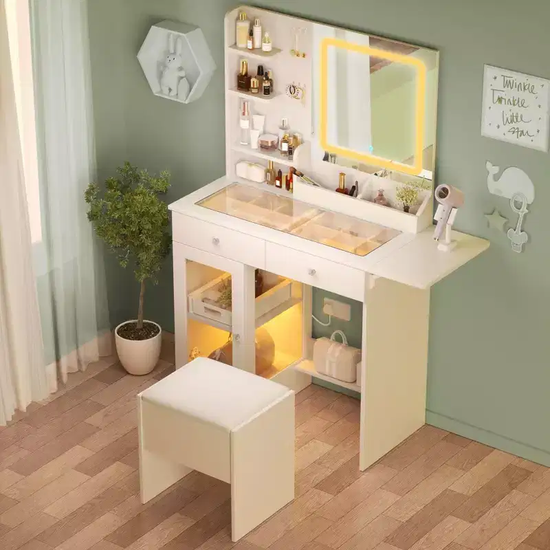 Okak Modern Vanity Table with Mirror & LED Lights,Small Dressing Desk with Big-capacity Storage,Makeup Table for Bedrooms