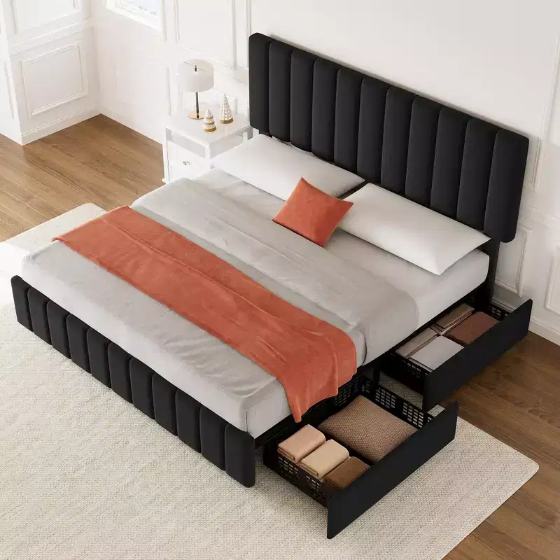 Linen Upholstered Bed Frame with 4 Storage Drawers, Adjustable Headboard, Sturdy Wooden Slats, No Box Spring Required
