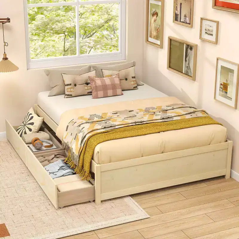 Costway Full/Queen Size Wooden Platform Bed with 2 Rolling Storage Drawers Wood Slat Support Natural/White