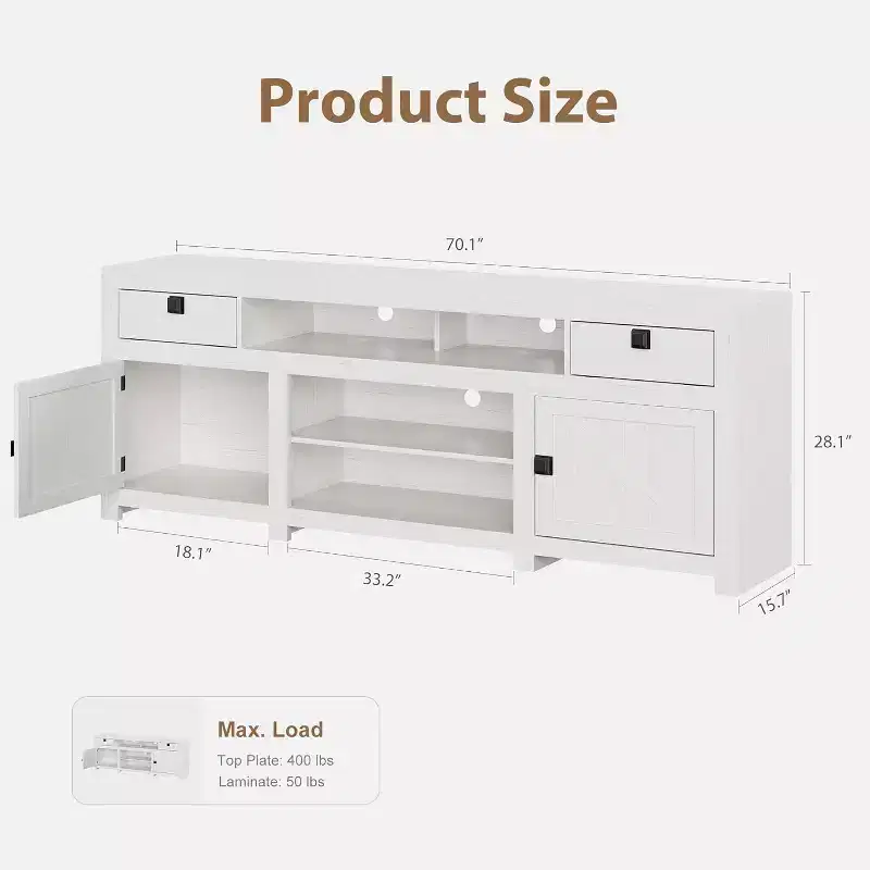 Farmhouse TV Stand for 75/80 Inch TVs, 70 Long Entertainment Center w/4 Storage Drawers & 3 Open Shelf, White Television Consoles Stands for Home