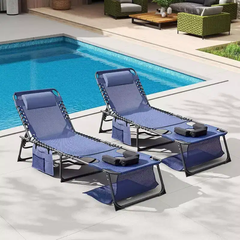 MooxvMoo 2PCS Tanning Chair with Face Hole, Folding Beach Chaise Lounge Chair with Carrying Handle, Side Pocket, 5-Position Adjustable, Blue