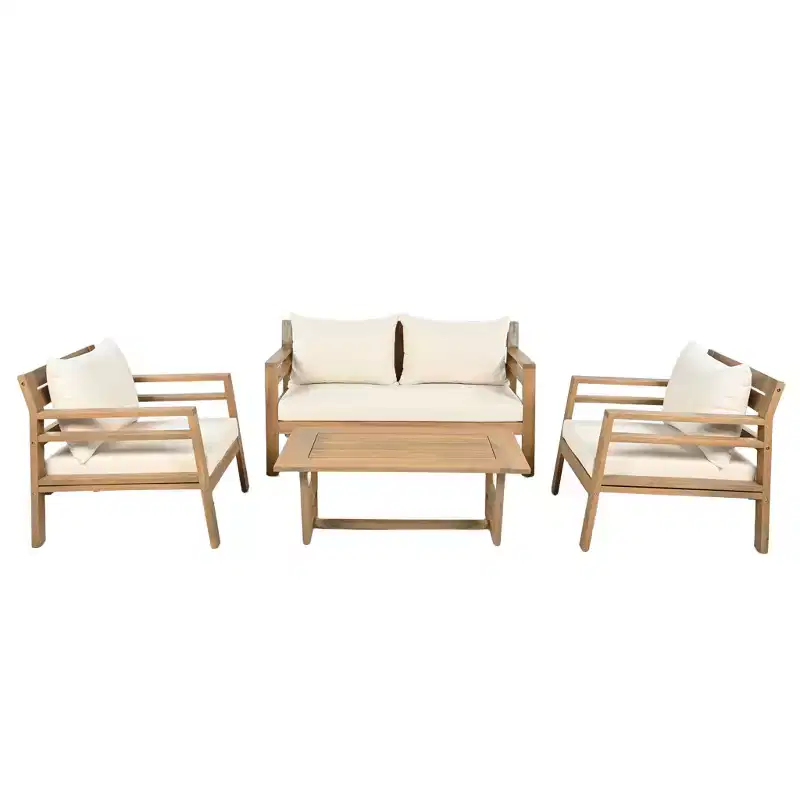 Christopher Knight Home Behram 4 Pieces Outdoor Acacia Wood Slat Design Seating Set, Beige