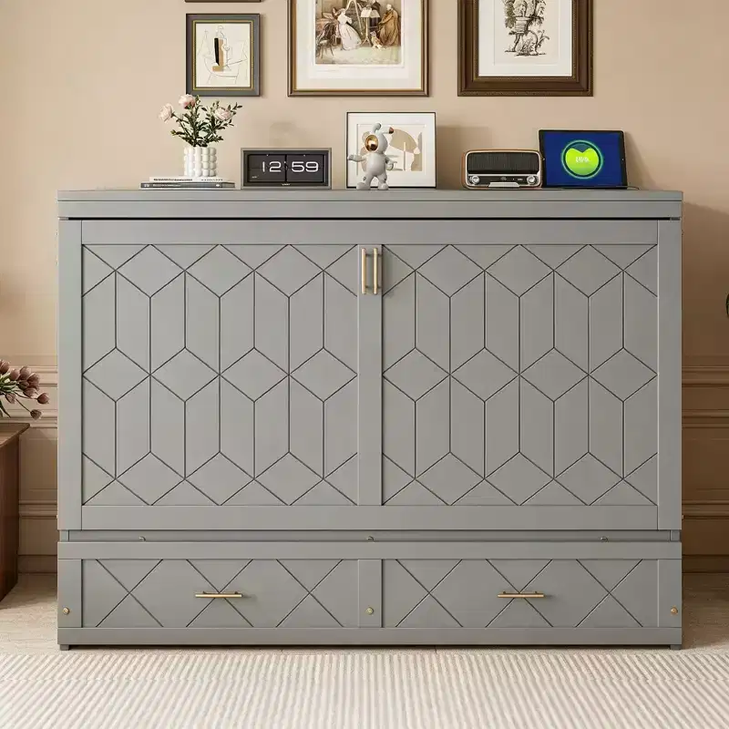 Luxystar Modern Queen Murphy Bed Cabinet With Storage Drawers, Safety Lock and Outlet