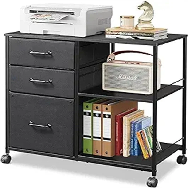 3-Drawer Mobile File Cabinet on Wheels – Black, Wood Finish, Steel Frame, Lockable Casters