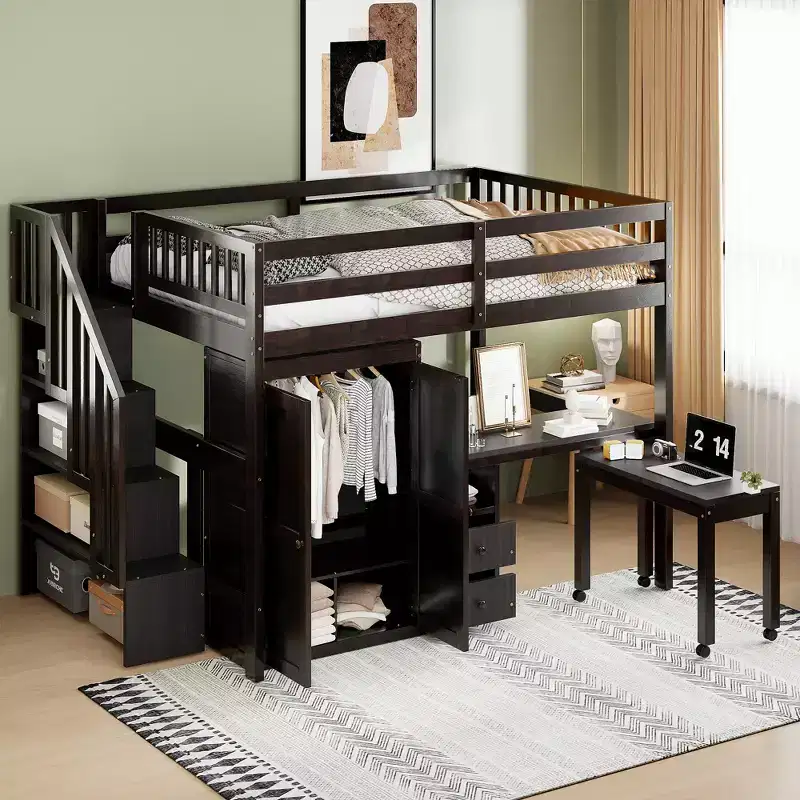 Full Size Loft Bed with Stairs, Bookshelf, Drawers, Desk & Wardrobe, Space-Saving for Kids & Teens