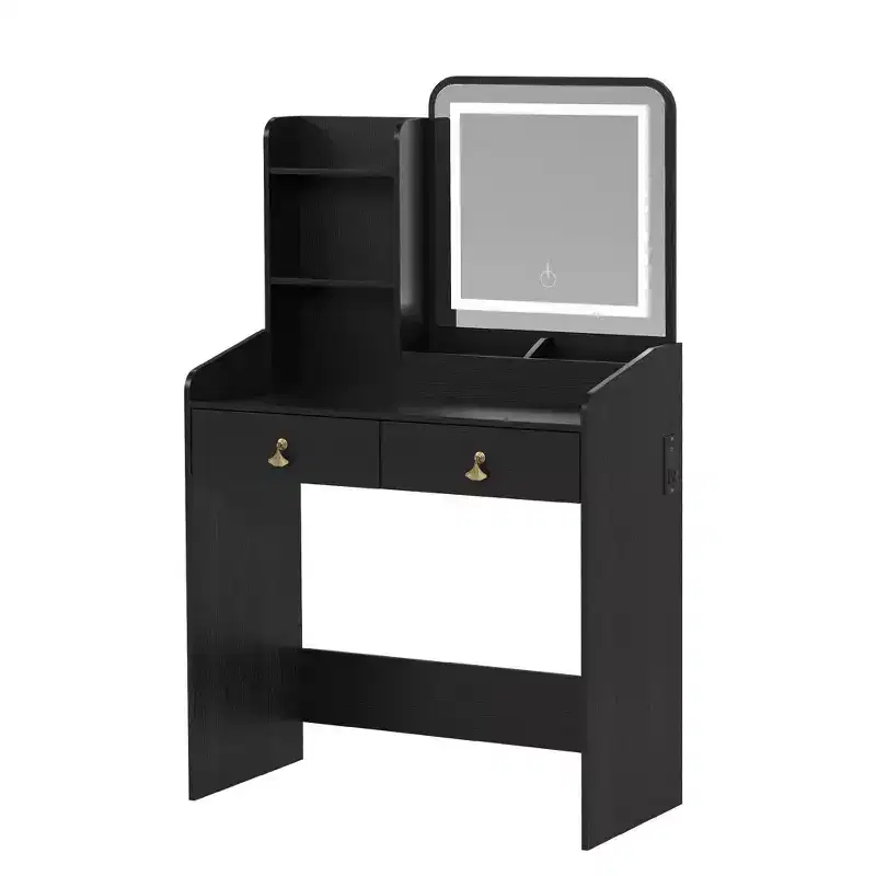 Makeup Vanity Set with Mirror and Lights, Modern Vanity Set with Hidden Storage Stool, 2 Large Drawers, 3-Tier Open Shelves, for Bedroom
