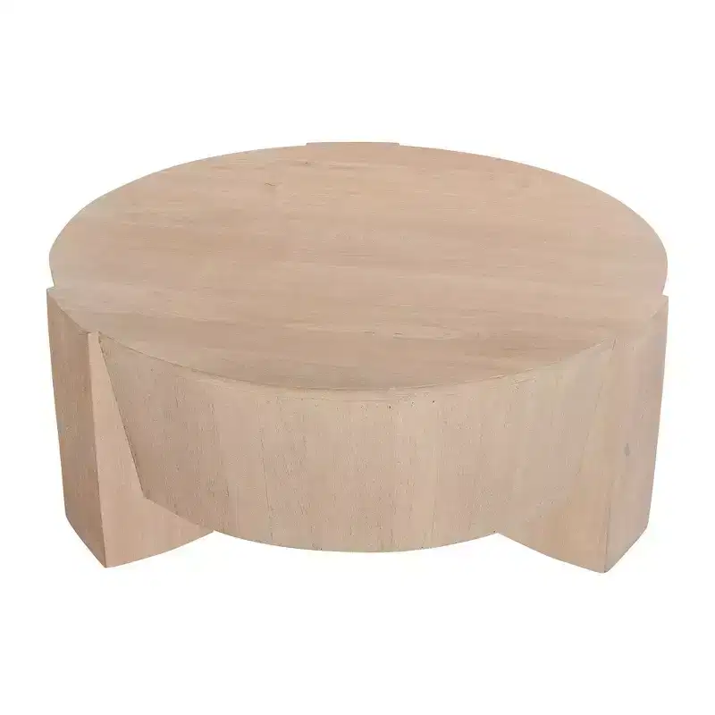 Royal Hampton 35 Inch Round Drum Coffee Table with 3-Leg Base, Sandblasted Mango Wood