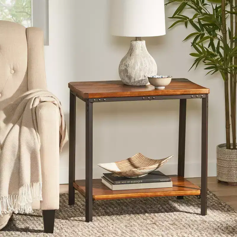GDFStudio Ronan Rustic Wood and Metal End Table with Storage Shelf