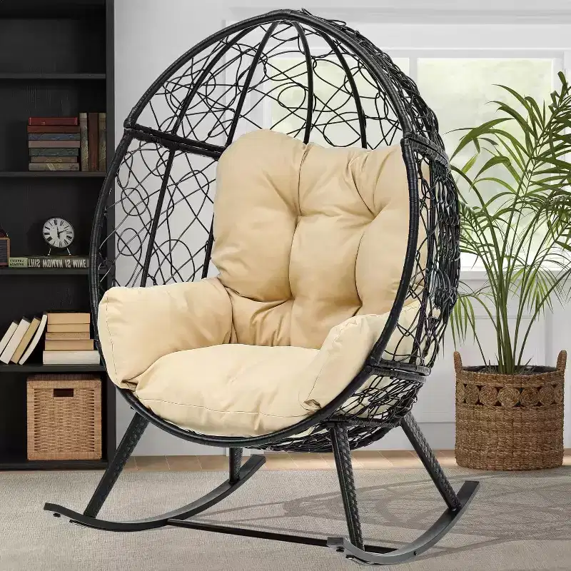 Outdoor Rocking Egg Chair Wicker Patio Rocker 250lb Capacity with Cushioned Comfort