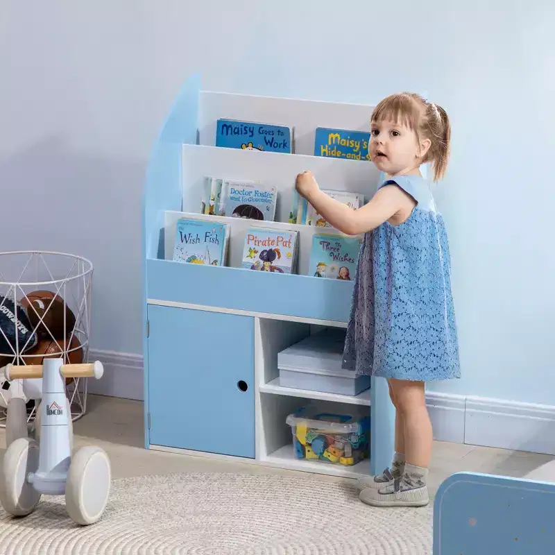 Kids Bookshelf and Toy Storage Organizer with Cabinet Ages 3-8 Blue