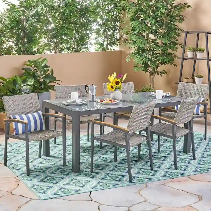 Luton Outdoor Aluminum 7 Piece Dining Set with Glass Table Top by Christopher Knight Home