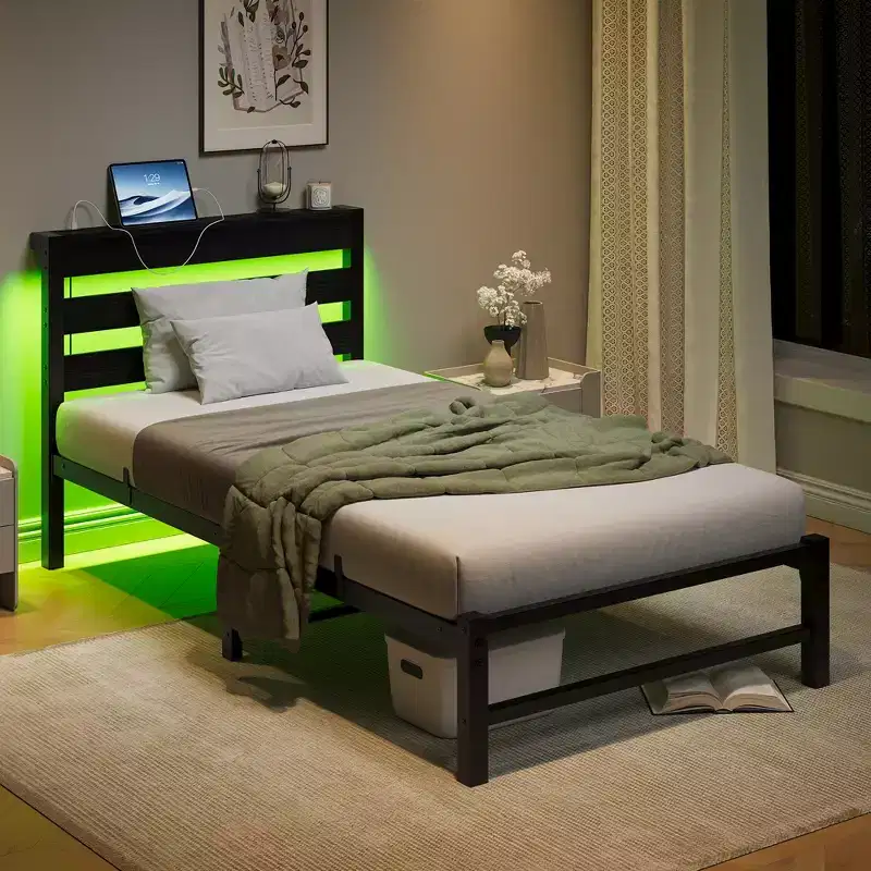 Black Heavy Duty LED Platform Bed Frame with Headboard & USB Charging Station