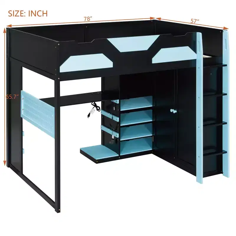 Luxystar Full Size Wood Loft Bed with Adjustable Desk, Wardrobe, Shelves & Pegboard