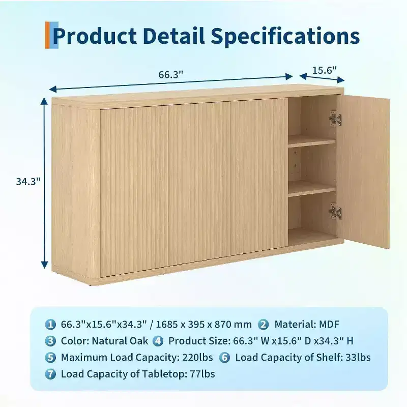 66.3 Sideboard Buffet Cabinet with Storage, 4-Door Modern Fluted Credenza,Natural Oak Accent Cabinet for Living Room,Kitchen,Dining Room,or Entryway