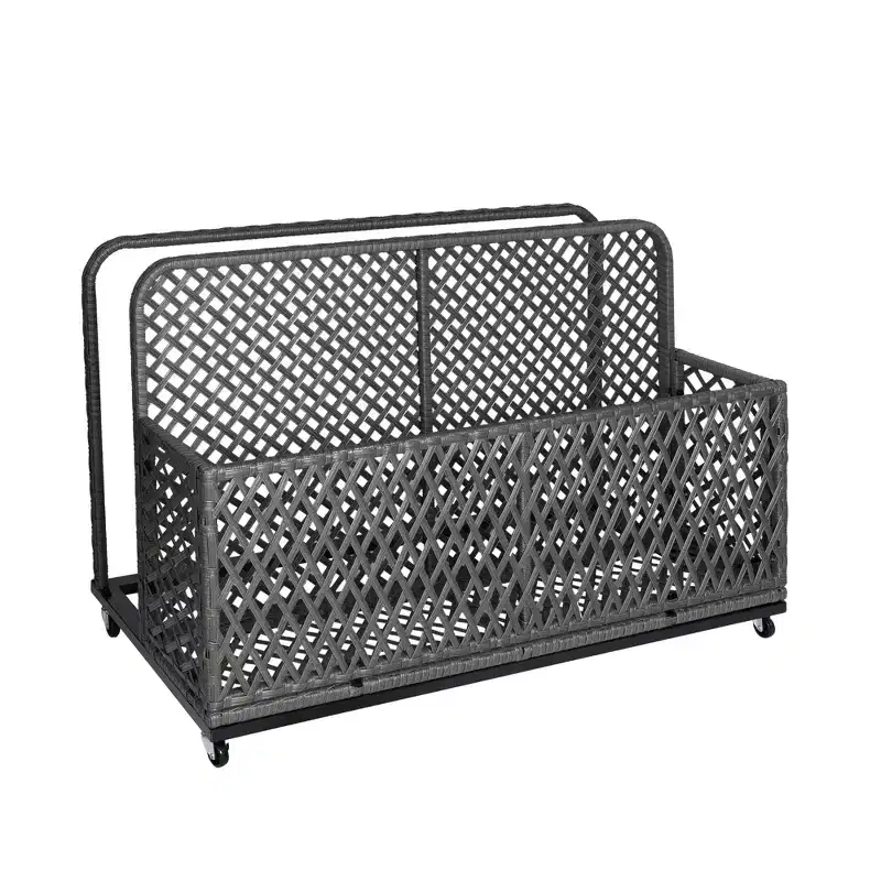 Patio Wicker Pool Float Storage with Wheels  Outdoor Rolling PE Rattan Caddy, Includes Compartment & Basket for Pool, Garden, Deck