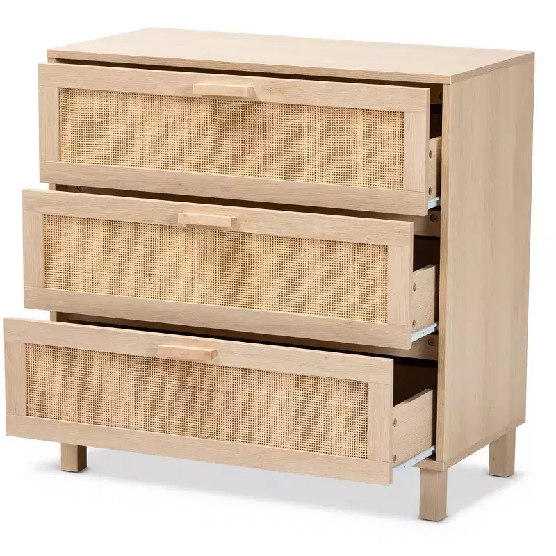 Baxton Studio Sebille Wood with Natural Rattan 3 Drawer Storage Chest Light Brown : Bohemian Style, Particle Board Frame