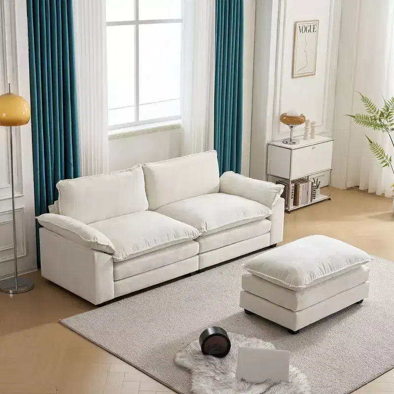 Karl Home |85.4 in. W Pillow Top Arm Double-layer Cushion Chenille Sofa in Blue With Ottoman