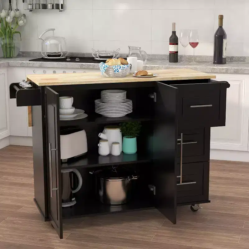 Okak Kitchen Island with Extensible Solid Wood Tabletop, Rolling Kitchen Cart with 2 Doors and 3 Drawers, Countertop Organizer for Home, Black