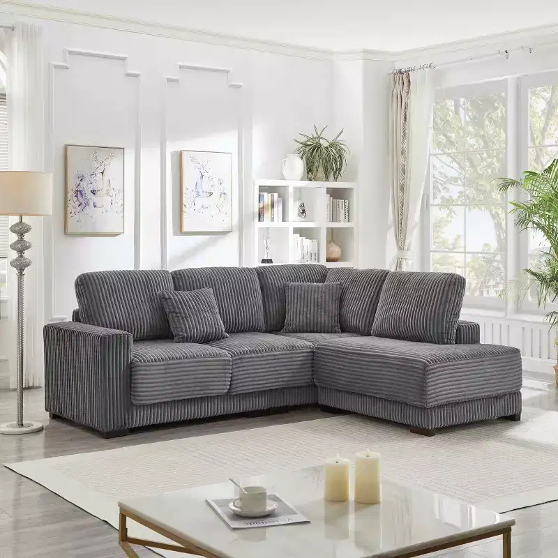MAYEERTY 93 Sectional Sofa L Shaped Sofa Couch with Reversible Chaise Lounge Upgolstered Soft Curduroy Couch for Living Room Gray