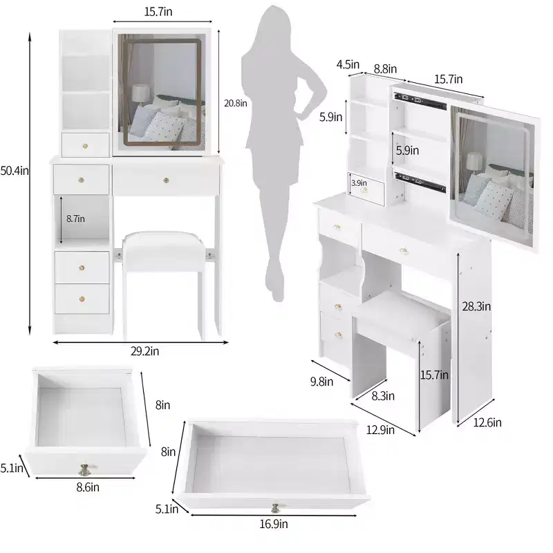 Okak Vanity Tables and Stool Set with 29.2 Small Left-Drawer,Dressing Table with Oversized Touch-Sensitive Sliding LED Mirror,White