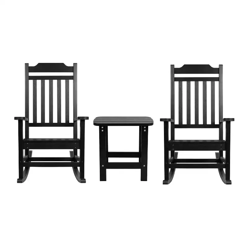 Emma and Oliver Set of 2 Indoor/Outdoor Poly Resin Rocking Chairs with Side Table