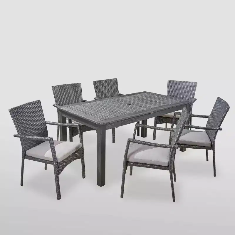 7pc Davenport Wood & Wicker Expandable Patio Dining Set Gray: Acacia Table, Umbrella Hole - Christopher Knight Home