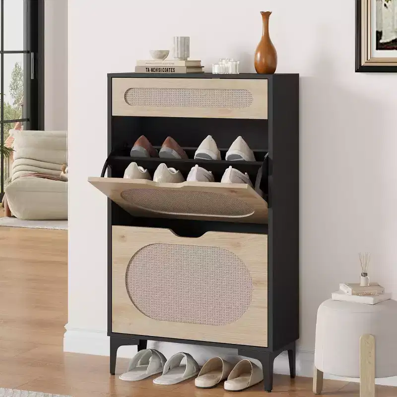 Shoe Cabinet,Rattan Shoe Storage with 2 Flip Drawer & Pull-Out Drawer,Heavy Duty Metal Leg,Adjustment Shelf,Entryway Shoe Organizers & Sotrage