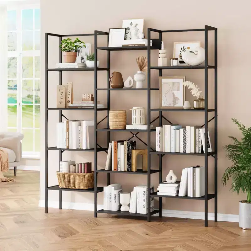 5 Tier Bookcases, Triple Wide Industrial Bookshelf, Steel Bookshelf, Display Storage Bookshelves