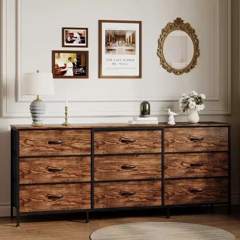 63 Entertainment Center & 9-Drawer Dresser, TV Stand for 55-70 Inch TVs, Large Storage Cabinet with Metal Frame & Fabric Drawers