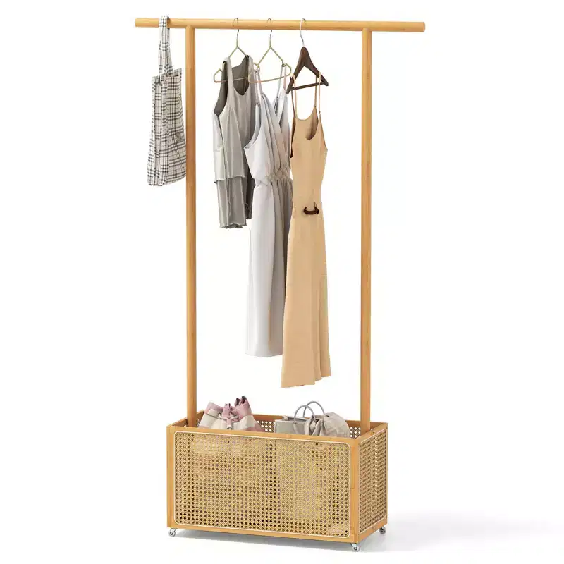 Bamboo Clothes Rack with Rattan Storage Basket & Wheels, Rolling Garment Rack, Brown/Beige