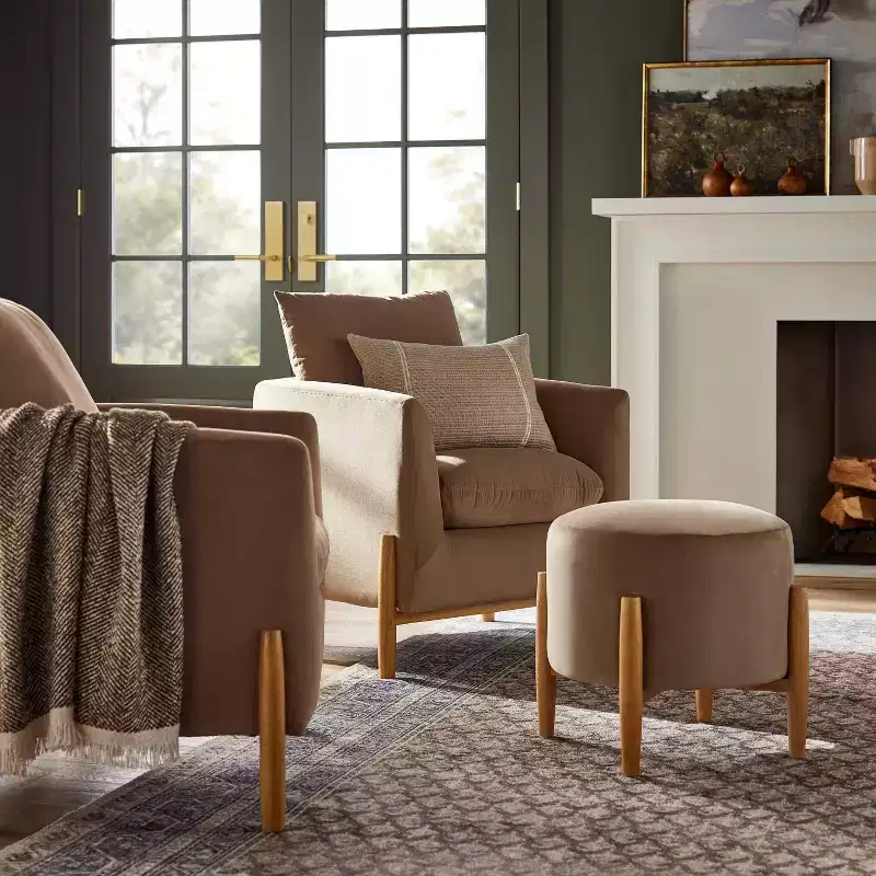 Elroy Round Velvet Ottoman with Wooden Legs - Threshold designed with Studio McGee