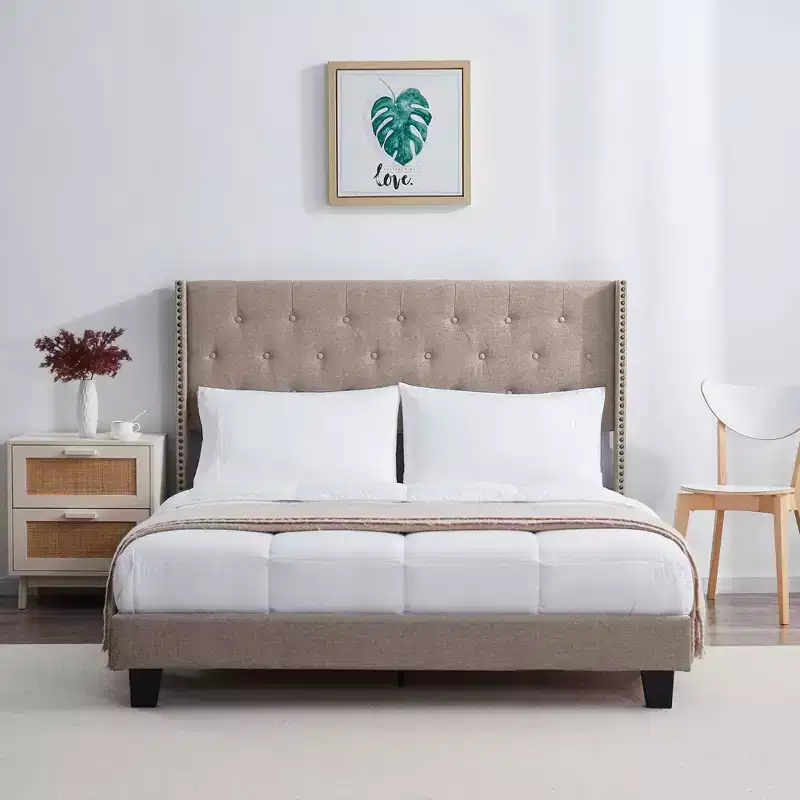 Bryt Wingback Diamond Upholstered Platform Bed, Wingback Bed Frame with Headboard