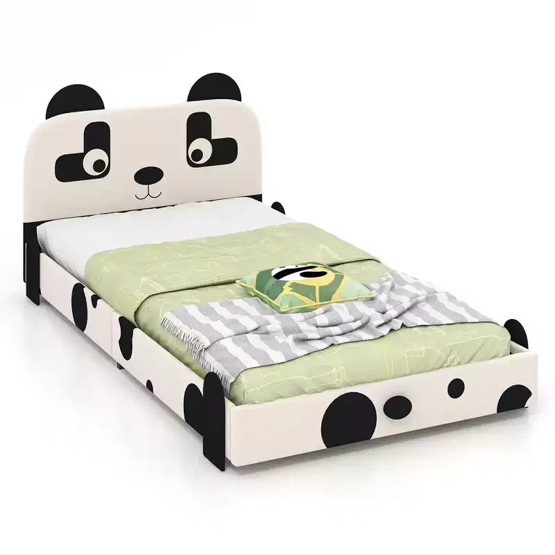 Twin Size Kids Toddler Upholstered Low Profile Bed Frame with Panda Headboard