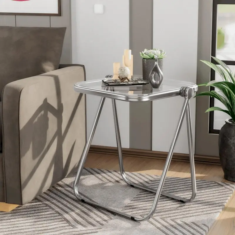Square Plastic Folding End Table with X-Shaped Iron Frame - Chrome Finish
