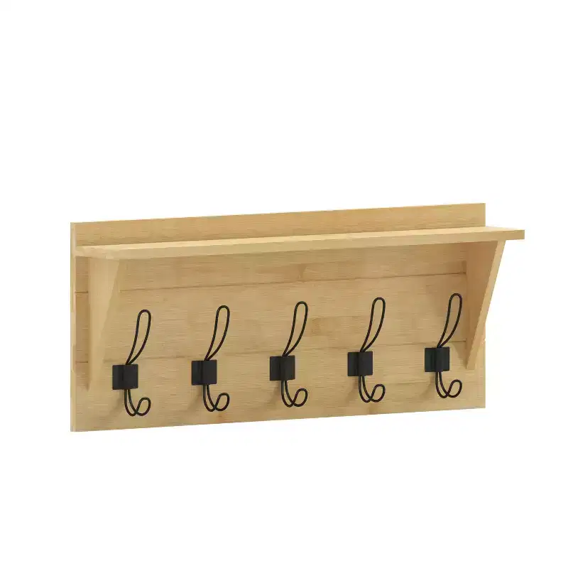 Rustic Wall Mounted Entryway Shelf with 5 Hooks – Solid Wood, Whitewashed, 33 lb Capacity
