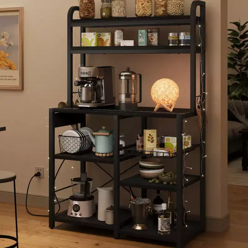 Kitchen Baker Rack with Wire Basket, Microwave Stand with Power Outlet, Large Open Storage Shelves, 6-Tier Freestanding Utility Storage Shelf