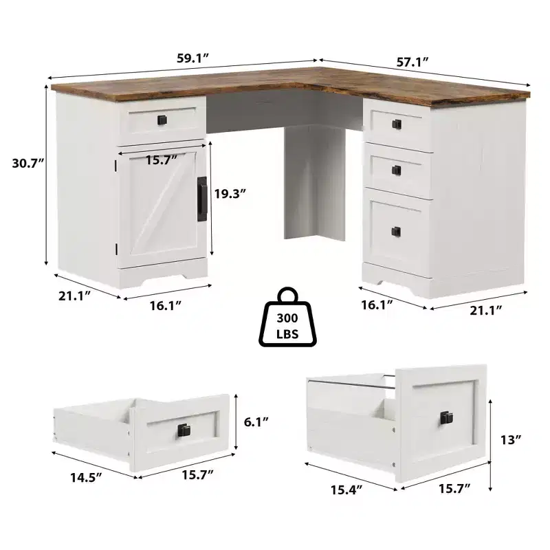60 Executive L Shaped Desk, Home Office Desk with File Drawers and Storage Cabinet, Corner Computer Desk with Adjustable Side Storage Cabinet
