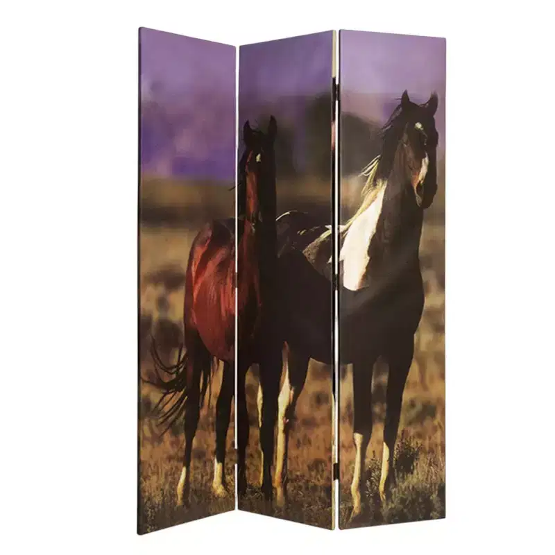 72 Inch Brown Canvas Folding Three Panel Room Divider Screen
