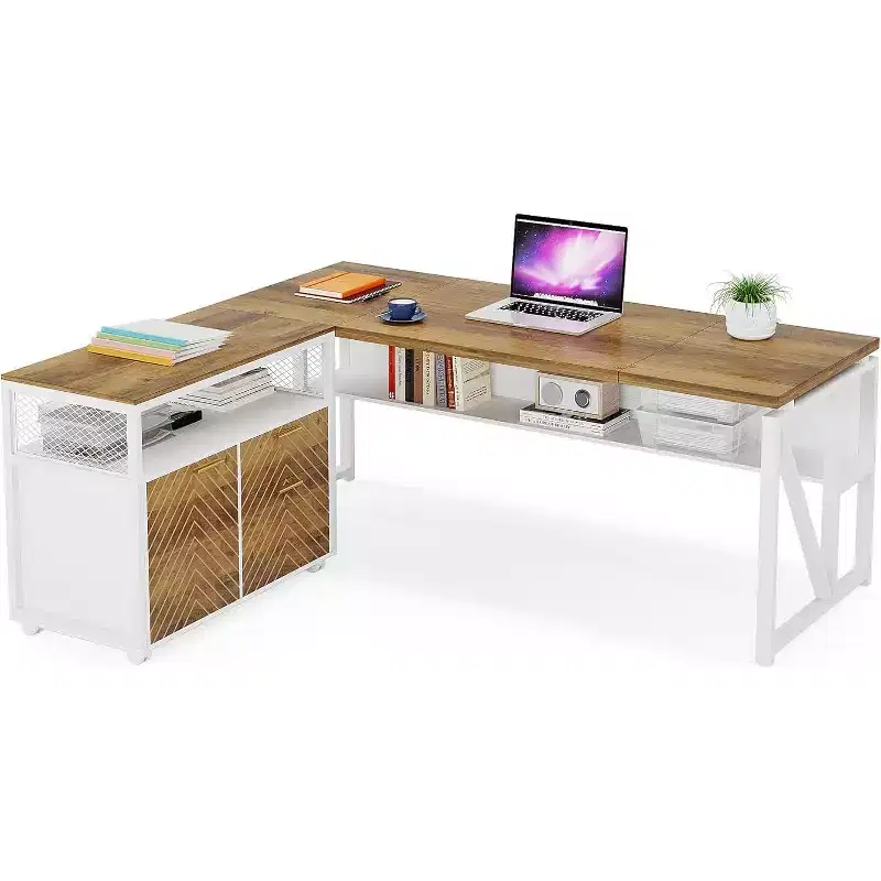 Lantine L Shaped Desk with Drawer,63 Executive Computer Desk and lateral File Cabinet, 2 Piece Home Office Furniture