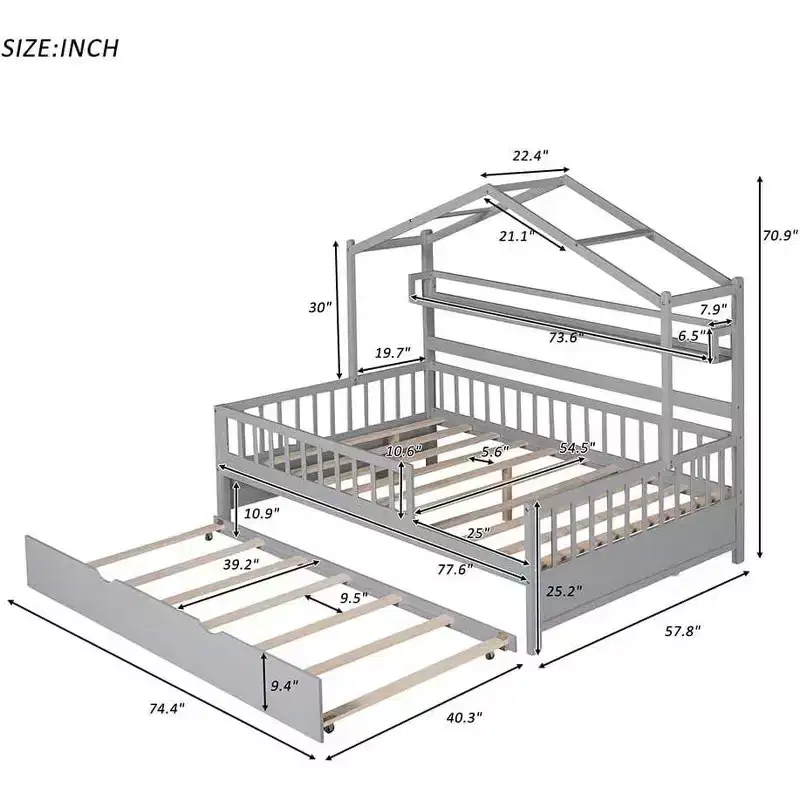 Acekool Full Size House Bed Frame for Kids with Storage Drawers, Safety Rails, Roof Design, Playhouse Bed, White