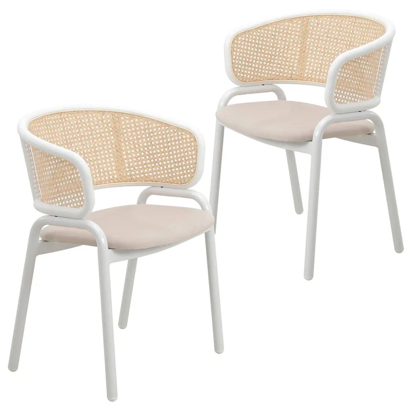 Ervilla Modern Stylish Side Chair with Rattan Back and White Steel Legs for Dining Room & Kitchen, Set of 2