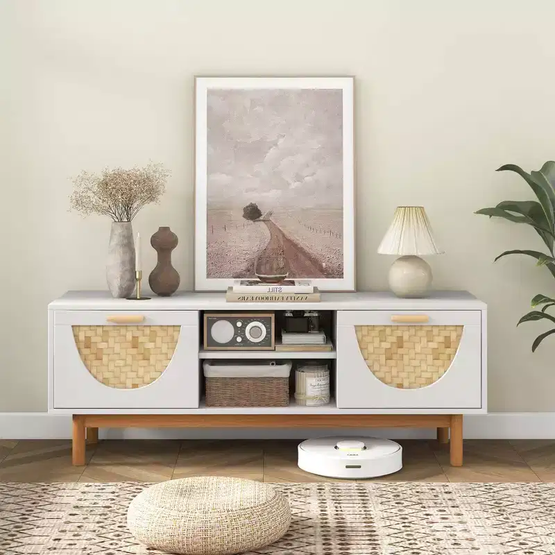 TV Stand for 55-Inch TVs with 2 Drawers & Bamboo Woven Fronts Solid Wood Legs White